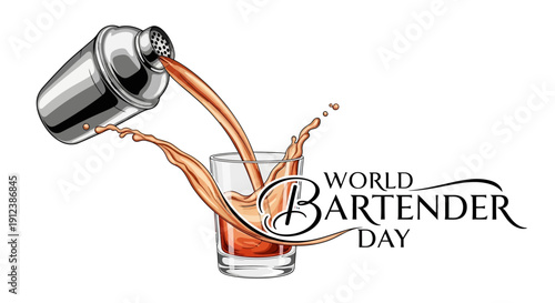 Vector illustration of a cocktail being poured into a glass on World Bartender Day with a mixologist's tools, conveying hospitality and alcohol culture.