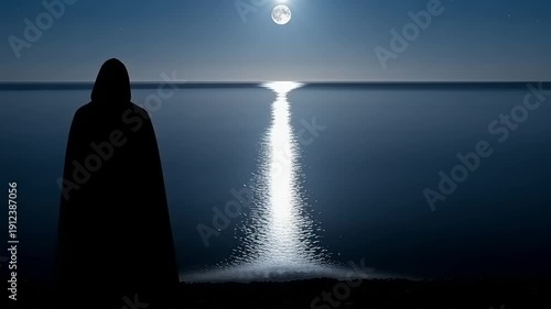 Silhouette of person standing by serene water under moonlight.