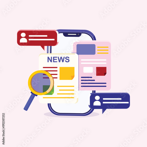 Online news application interface on smartphone illustration representing digital media information and communication technology concepts.