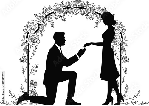 Romantic marriage proposal silhouette with floral arch, man kneeling with ring, woman accepting, love commitment artwork, celebration illustration, flat vector