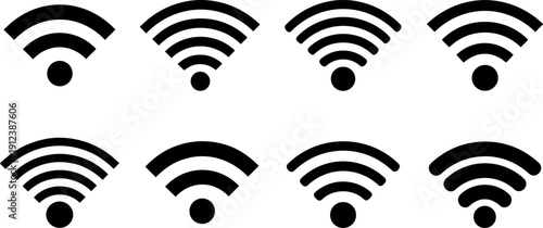 WiFi signal icons collection showing different wireless network strength levels in bold black vector silhouette style for internet technology interface design