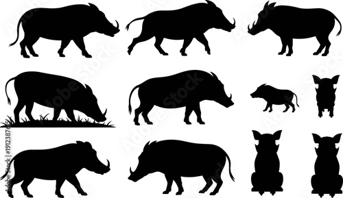 Wild Boar and Pig Silhouette Collection, Black Feral Swine and Warthog Vector Set Isolated on White Background for Wildlife and Hunting Design