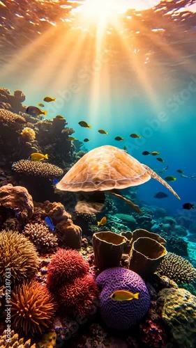 Vibrant underwater reef scene with coral formations, jellyfish, and sunlit marine life.