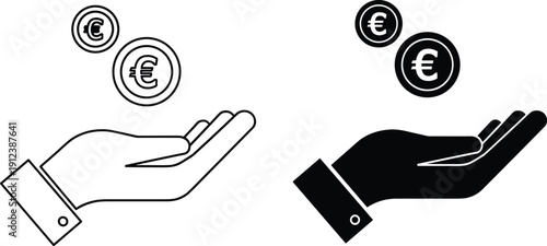 Hand holding euro currency coins icon set financial investment payment concept vector illustration isolated on white background