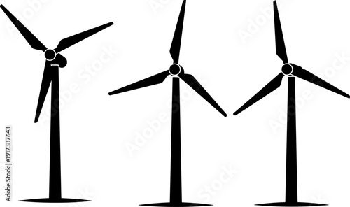 Wind turbine silhouettes illustration showing renewable energy technology, clean sustainable power generation from wind, black and white vector icons isolated for environmental 