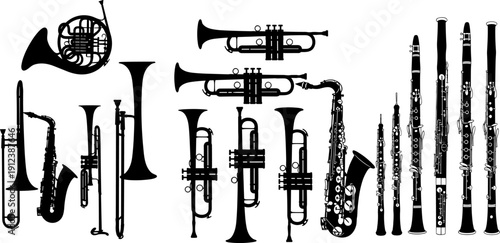 Wind and brass musical instruments silhouette collection featuring trumpets, saxophone, clarinets, horn and trombone, orchestra and band music black vector illustration isolated on white