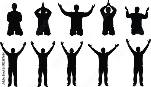 Man praying and worship silhouette set with raised hands spiritual meditation faith concept vector illustration isolated on white background
