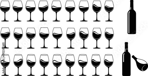 Wine glass silhouette illustration set featuring red wine glasses and bottles, black vector drink icons isolated on white background for bar, restaurant and celebration design