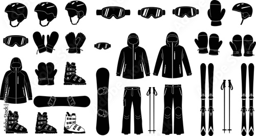 Winter sports gear silhouettes set featuring ski and snowboard equipment, helmets, goggles, gloves, jackets, boots and skis, isolated outdoor adventure apparel icons for vector design