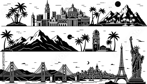 World landmark skyline silhouette vector set featuring famous cities, bridges, monuments and landscapes, global travel and tourism illustration isolated on white background