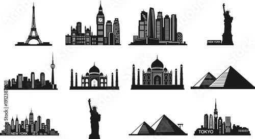 World famous landmarks skyline silhouettes featuring Eiffel Tower, Big Ben, New York, Tokyo, Taj Mahal, pyramids and Statue of Liberty in clean black vector style