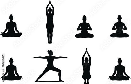 Yoga pose silhouettes of women meditating and practicing asanas, black fitness and mindfulness figures isolated on white background for wellness design use