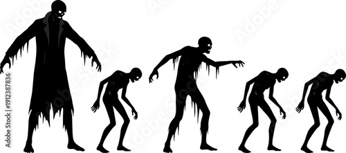 Zombie silhouette character set showing undead walking poses for horror and Halloween themes, black monster figures isolated on white background for fantasy design