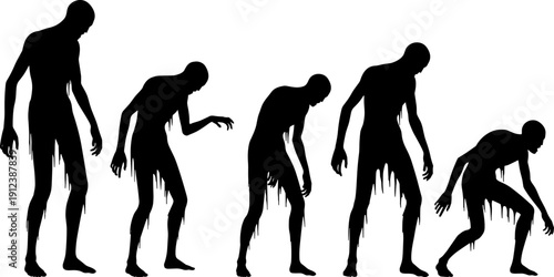 Zombie silhouette character set showing undead walking poses, horror monster figures in black isolated on white background for Halloween, apocalypse, and fantasy design projects