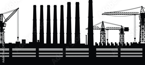 Industrial factory skyline silhouette with cranes and smokestacks, heavy industry construction site isolated on gray background, manufacturing and engineering vector illustration