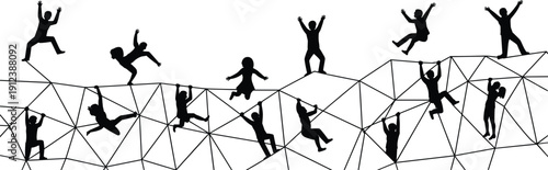 Human silhouettes climbing and balancing on abstract geometric structure symbolizing teamwork challenge risk success and cooperation isolated on white background for business concept design
