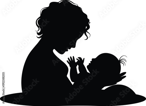 Loving mother holding baby silhouette expressing intimate bonding, maternal care, newborn affection, parenting tenderness and family connection concept isolated on white background