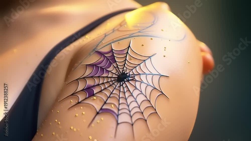 Tattooed Spider Web on Human Arm Closeup.