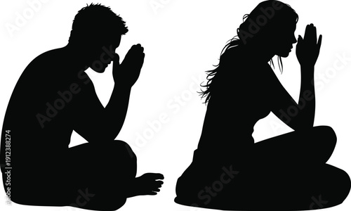 Man and woman praying silhouette, spiritual meditation and faith concept, mindfulness peace and devotion illustration isolated on white background, quiet reflection prayer