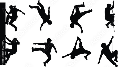 Parkour and climbing silhouette set, extreme urban sport action poses, male and female athletes vector isolated on white