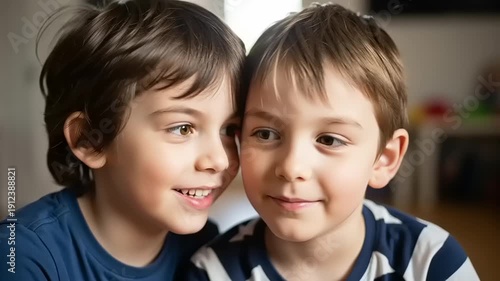 Two Young Boys Smiling and Laughing Together.