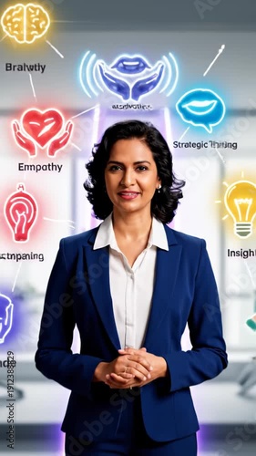 Professional woman presenter with holographic emotion icons in a corporate office presentation.
