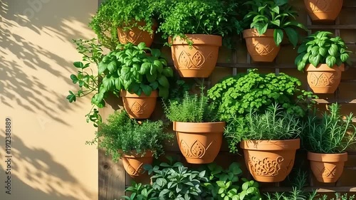 Vertical Garden with Potted Herbs and Plants.