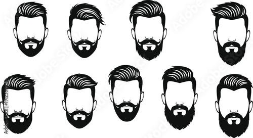 Men hairstyles and beard styles collection, modern male haircuts and facial hair silhouettes isolated on gray background, barber shop vector illustration set