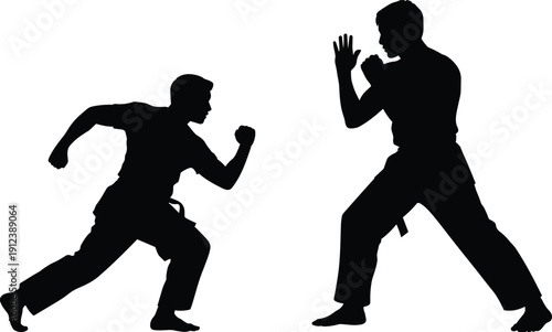 Martial arts fighters silhouettes facing each other in combat stance, karate sparring and self defense training concept, strength discipline action illustration isolated on white background
