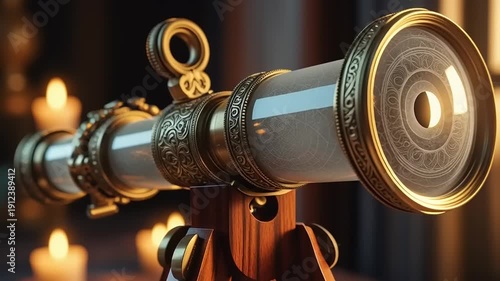 Vintage Brass Telescope on Stand Closeup.