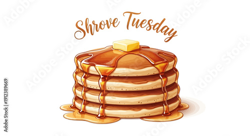 Illustration of a stack of pancakes with syrup and butter on Shrove Tuesday against a clean white background.