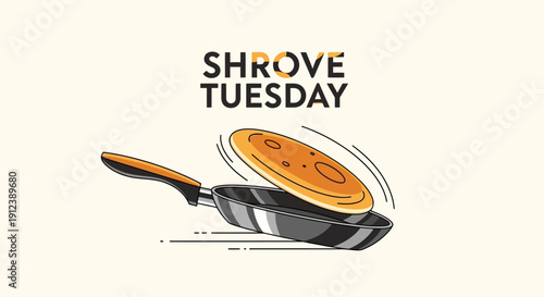 Illustration of a pancake being flipped in a frying pan on Shrove Tuesday with a shallow depth of field and warm tones against a clean white background.