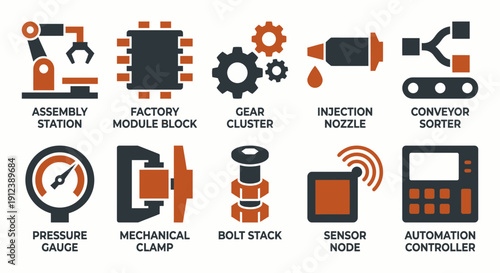 Industrial automation icons depicting factory equipment, machinery, and manufacturing processes for industry 4