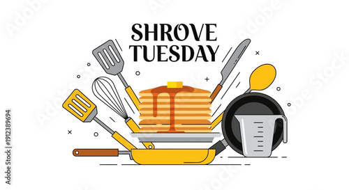 Illustration of kitchen utensils and pancakes for Shrove Tuesday celebration on a clean white background with flat design elements.