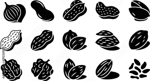 Black nut and peanut shell icons set featuring almond pistachio walnut hazelnut silhouettes vector collection isolated on white background for food design