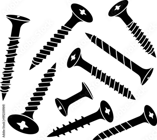 Black screw silhouettes set with Phillips head fasteners in various angles, metal hardware collection isolated on white background, detailed vector illustration for construction design