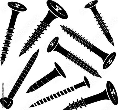 Black screw silhouettes set in various angles, metal fastener hardware collection isolated on white background, detailed vector illustration for construction and industrial design