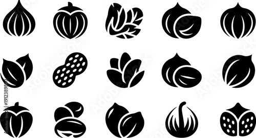 Black solid nut and seed icons set including peanut almond hazelnut walnut pistachio garlic strawberry vector silhouettes collection isolated on white background