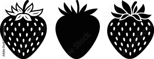 Black strawberry silhouette icon collection isolated on white background, fresh fruit set for food packaging, organic branding, nutrition design, menus and vector illustration