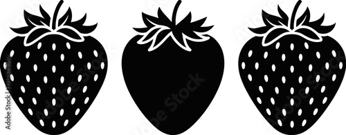 Black strawberry silhouette icon set isolated on white background, fresh fruit collection for food packaging, nutrition branding, menus and vector illustration design use