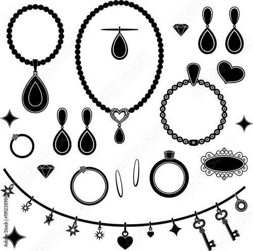 Black vintage jewelry silhouettes collection isolated on white background, necklaces earrings rings bracelets icons set, elegant fashion accessories, decorative flat design illustration