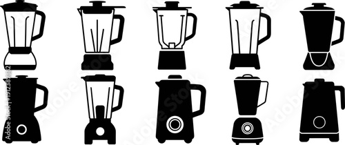 Blender silhouette icon set featuring modern kitchen mixers and food processors, black vector household appliance collection for cooking, smoothie preparation, graphic design, and interface projects