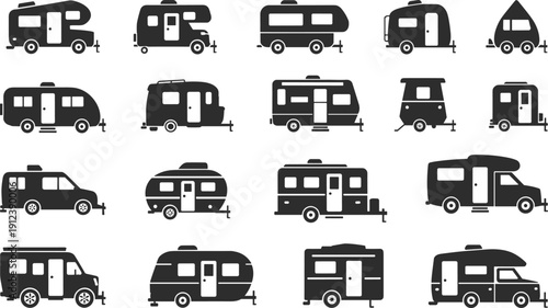 Camper Van and Travel Trailer Silhouette Icons Collection Featuring Motorhome Caravan RV Vehicles Isolated on White Background for Camping Tourism and Road Trip Design