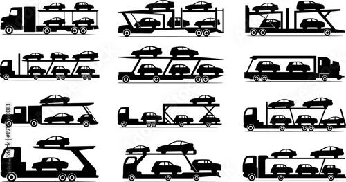 Car Carrier Truck Silhouette Set, Auto Transport Trailer Collection with Vehicle Hauler Transporter for Logistics Delivery Service Black Isolated Vector Illustration