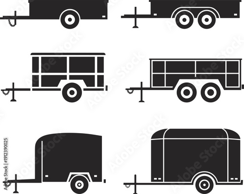 Cargo and utility trailer icons set showing single and double axle towing trailers in clean black vector silhouette style for transport logistics delivery design