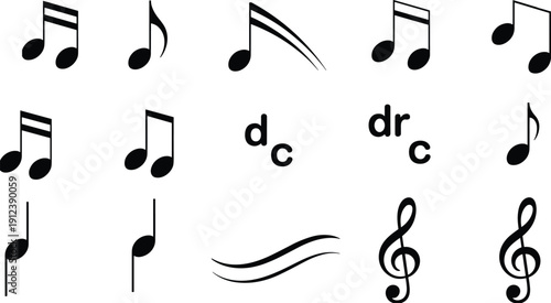 Music Notes, Treble Clef and Dynamic Markings Icon Set, Black Musical Symbols Vector Illustration Collection Isolated on White Background