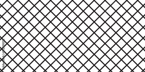 Diagonal cross line grid seamless pattern. Geometric diamond texture. Black diagonal line mesh on white background. Minimal quilted fabric. Metallic wires fence pattern. Modern Vector