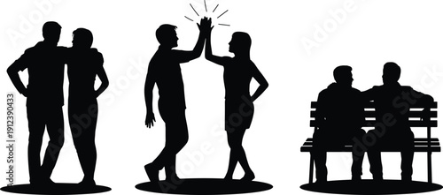 People relationship silhouettes showing love, friendship and teamwork moments, couples bonding, high five success and quiet conversation concept, social connection illustration isolated on white 