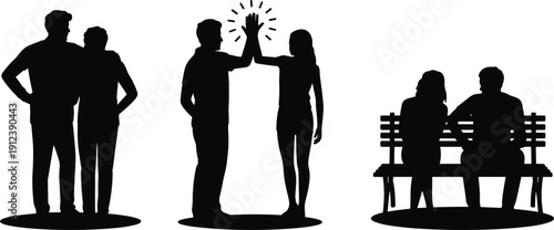 People relationships silhouettes showing family friendship and love moments, couples bonding high five teamwork and quiet conversation concept, social connection illustration isolated on white 
