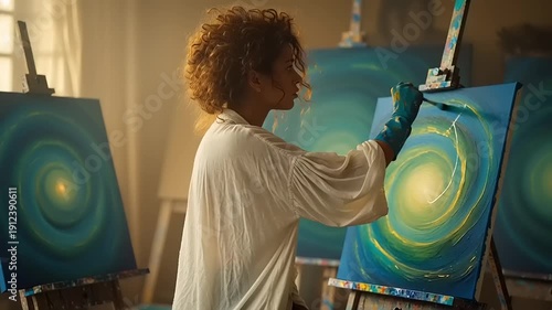 Woman Painting Abstract Art in Studio.